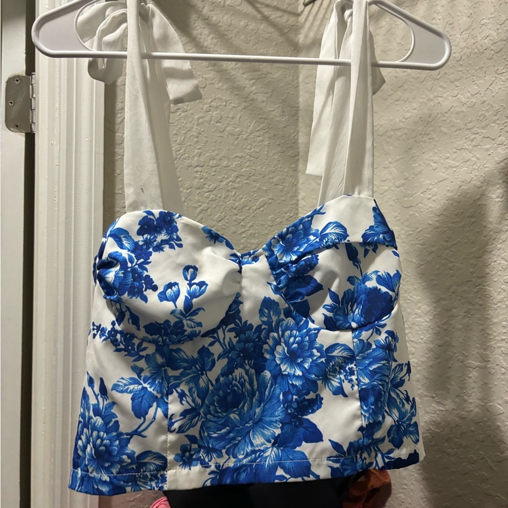 blue floral corset top
